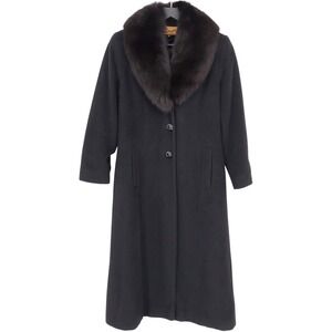Vintage Sachi Collection Womens Size 6 Black Long Wool Blend Coat Fox Fur Collar